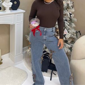 Denim Jeans with Brown Plaid Bows